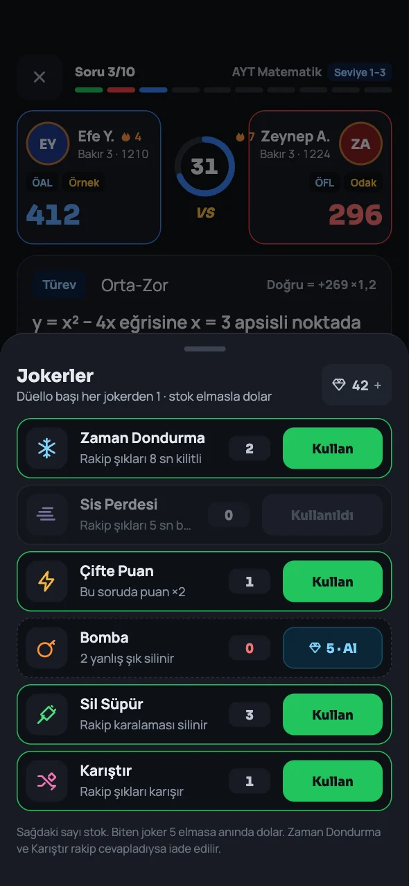 Joker paneli: Zaman Dondurma, Sis Perdesi, Çifte Puan, Bomba, Sil Süpür ve Karıştır jokerleri, her birinin stoğu ve Kullan düğmesiyle.