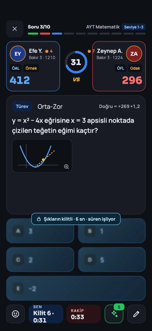 Zaman Dondurma etkisi: rakibin şıkları 6 saniye kilitli, süre işlemeye devam ediyor.