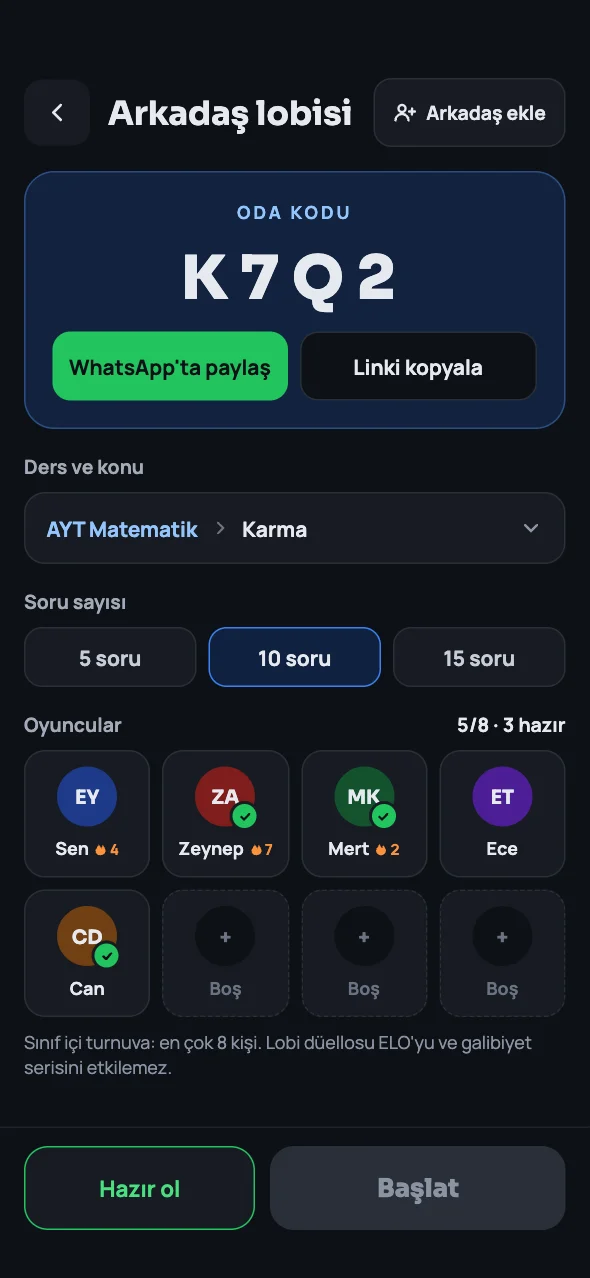Arkadaş lobisi: oda kodu, ders ve konu seçimi, soru sayısı ve katılan oyuncular.